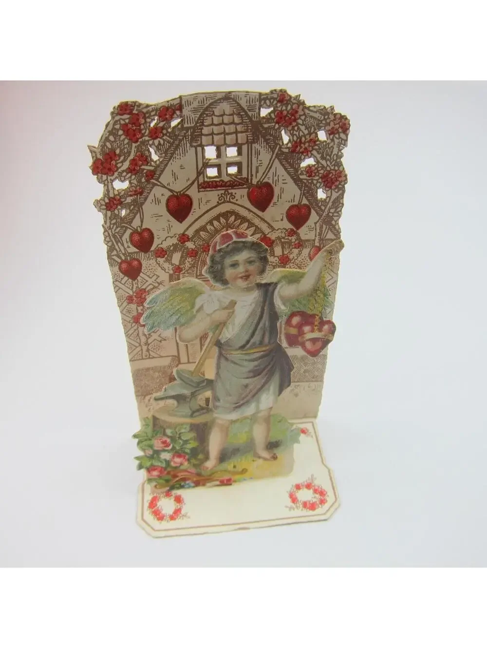 Vintage Valentine Pull Down Die Cut Stand Up Angel Boy Wings Toga Hammer & Anvil